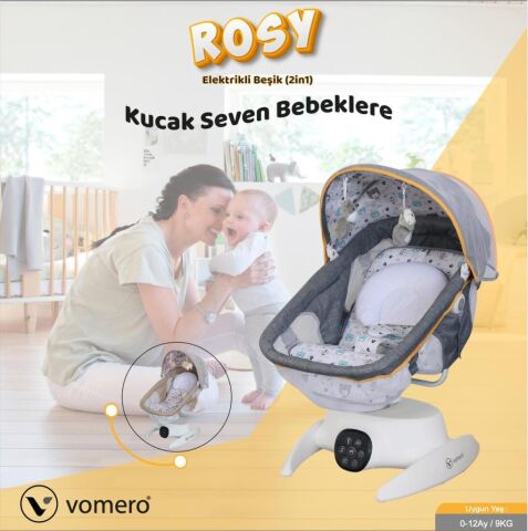 TommyBaby Vomero Rosy 3 kademeli Elektrikli Beşik 2in1 Beşik Ana kucağı GRİ