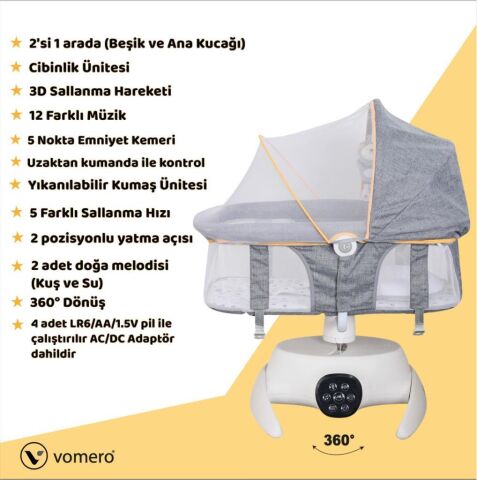 TommyBaby Vomero Rosy 3 kademeli Elektrikli Beşik 2in1 Beşik Ana kucağı GRİ