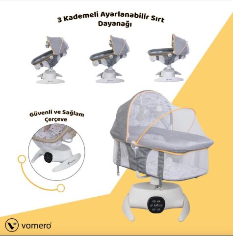 TommyBaby Vomero Rosy 3 kademeli Elektrikli Beşik 2in1 Beşik Ana kucağı GRİ