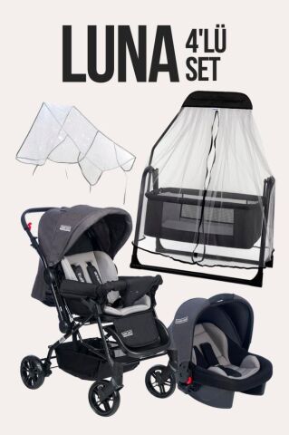 TommyBaby Luna 4'lü Set Bebek Arabası Puset Beşik Bebek Arası Yağmurluğu ANTRASİT