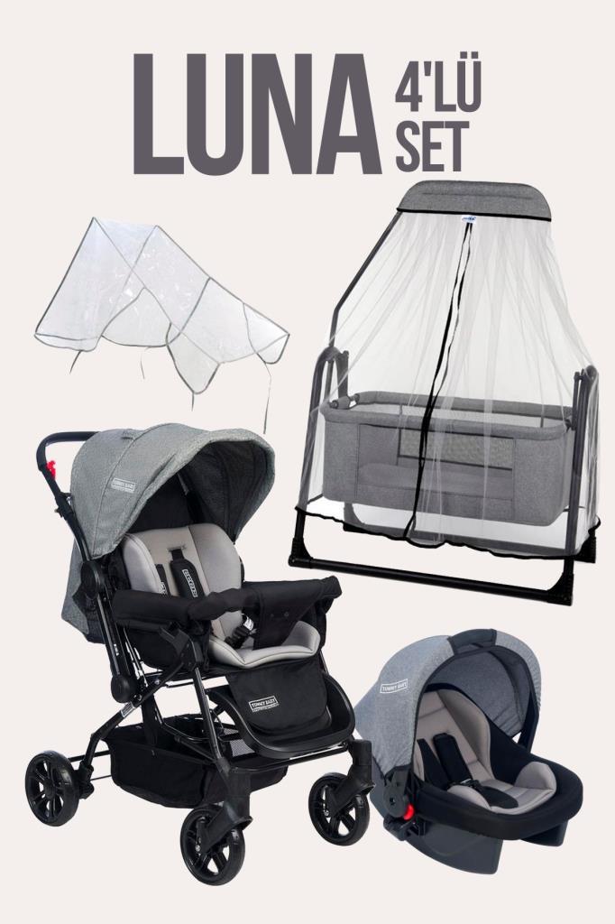 TommyBaby Luna 4'lü Set Bebek Arabası Puset Beşik Bebek Arası Yağmurluğu GRİ