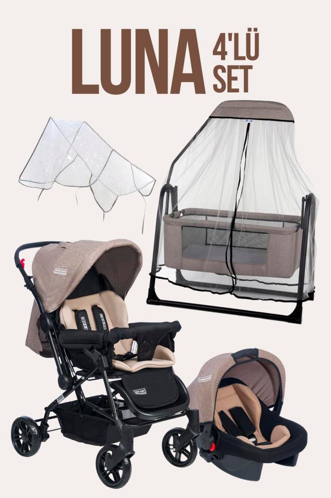 TommyBaby Luna 4'lü Set Bebek Arabası Puset Beşik Bebek Arası Yağmurluğu KAHVERENGİ