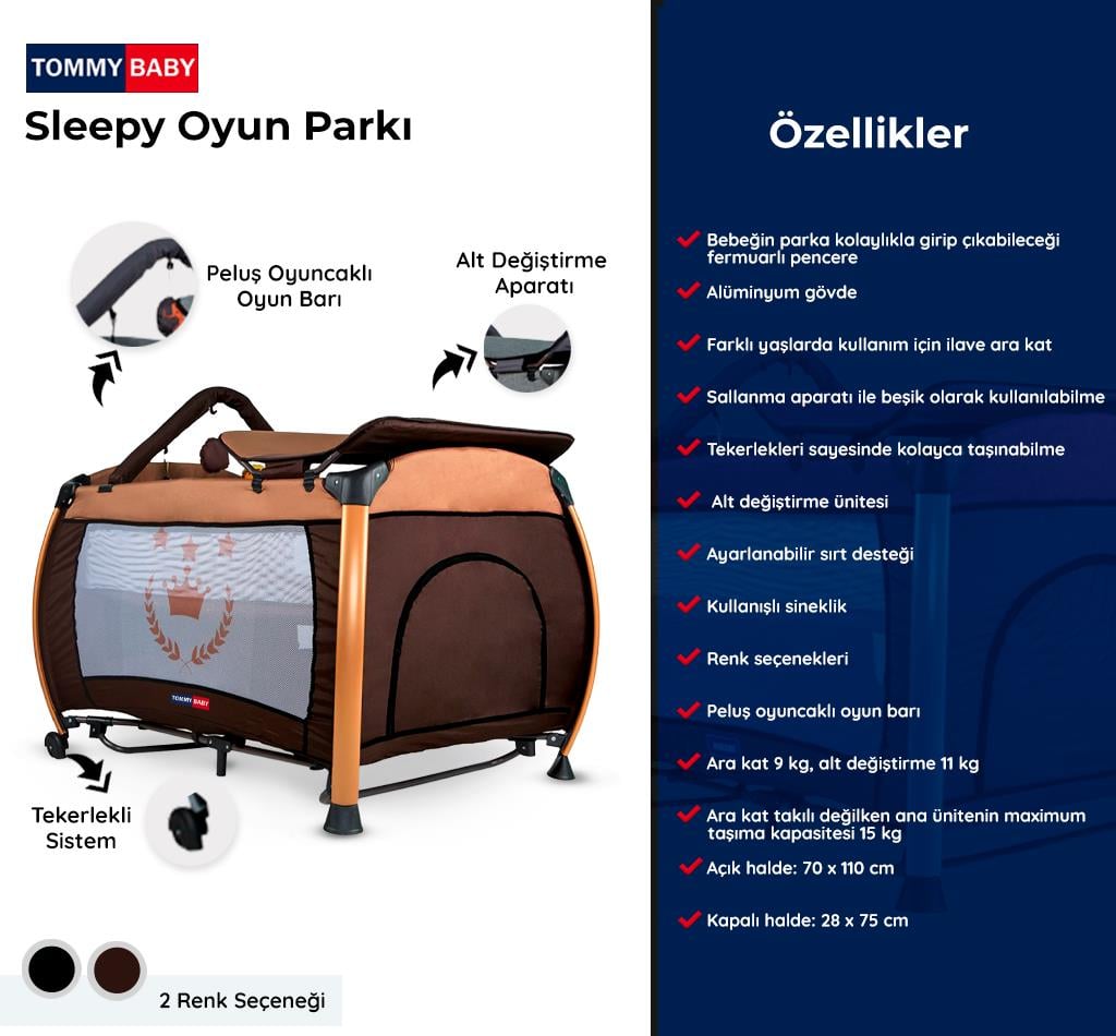 TommyBaby Sleepy GOLD Oyun Parkı Park Yatak Beşik 70x110 KAHVERENGİ