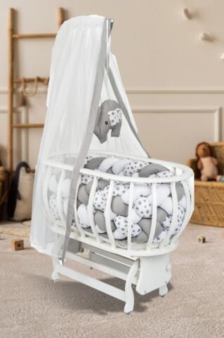 TommyBaby Masal Sepet Beşik Ahşap Beşik Örgülü Uyku Setli Doğal Ahşap Beşik GRİ