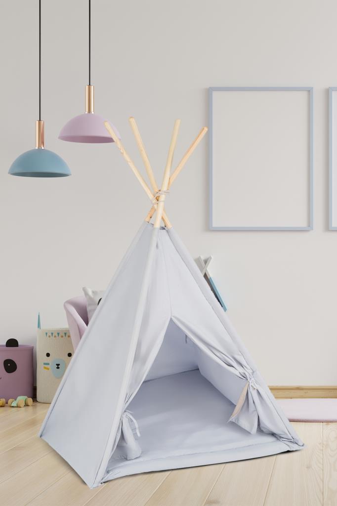 TommyBaby Çocuk Kızılderili Oyun Çadırı Ahşap Direkli Geniş Oyun Çadırı ve Minderli Ev & Bahçe Oyun Alanı Minderli Açık Gri