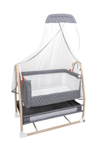 TommyBaby Royal Anne Yanı Beşik Tüllü Sepet Beşik Sallanabilir Bebek Beşiği Anne Yanı Beşik GRİ