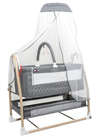 TommyBaby Royal Anne Yanı Beşik Tüllü Sepet Beşik Sallanabilir Bebek Beşiği Anne Yanı Beşik GRİ