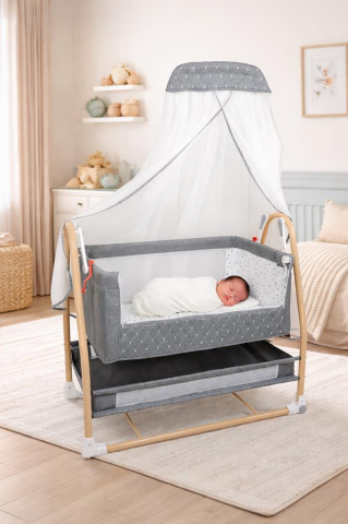 TommyBaby Royal Anne Yanı Beşik Tüllü Sepet Beşik Sallanabilir Bebek Beşiği Anne Yanı Beşik GRİ