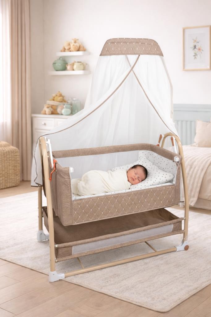 TommyBaby Royal Anne Yanı Beşik Tüllü Sepet Beşik Sallanabilir Bebek Beşiği Anne Yanı Beşik KAHVERENGİ