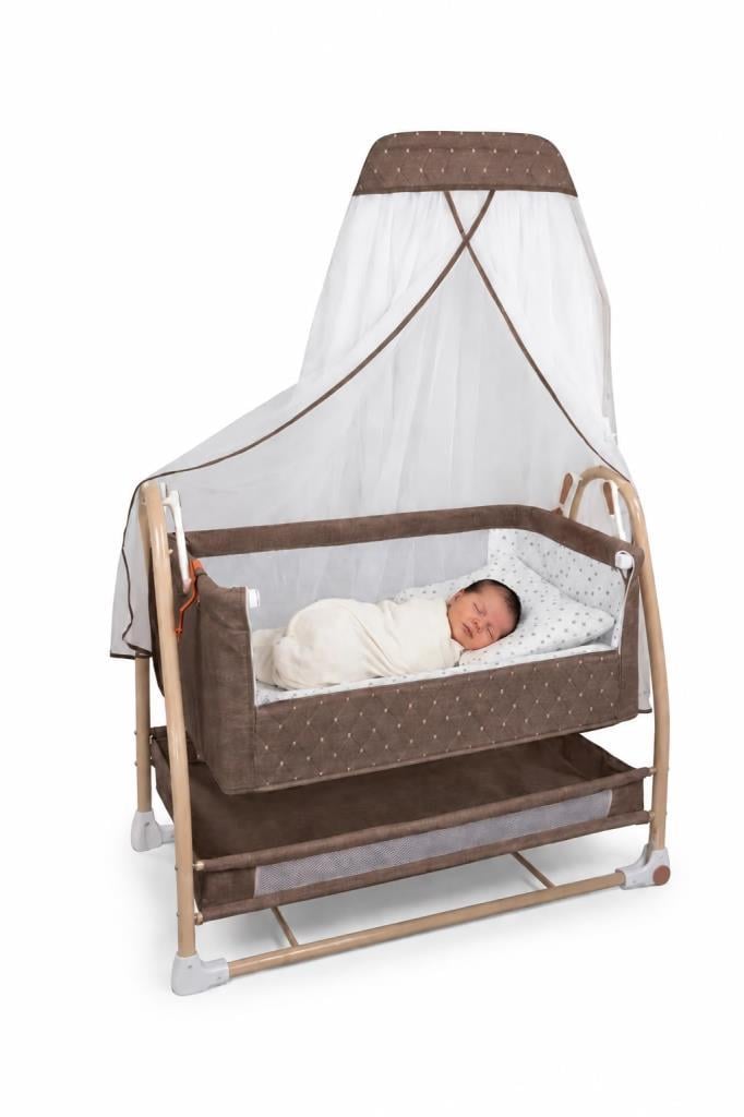 TommyBaby Royal Anne Yanı Beşik Tüllü Sepet Beşik Sallanabilir Bebek Beşiği Anne Yanı Beşik KAHVERENGİ