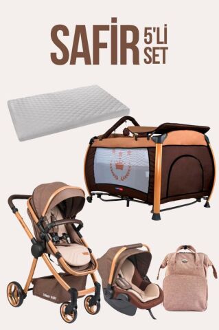 TommyBaby Safir 5'li Set Bebek Arabası Oyun Parkı Çanta Yatak KAHVE