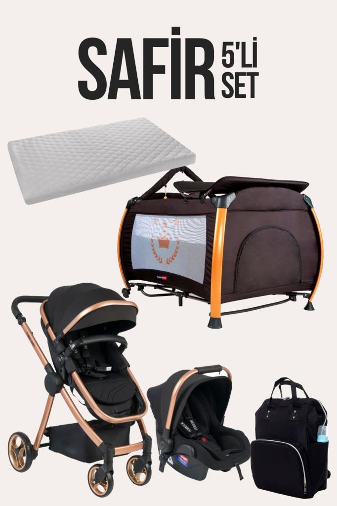 TommyBaby Safir 5'li Set Bebek Arabası Oyun Parkı Çanta Yatak SİYAH