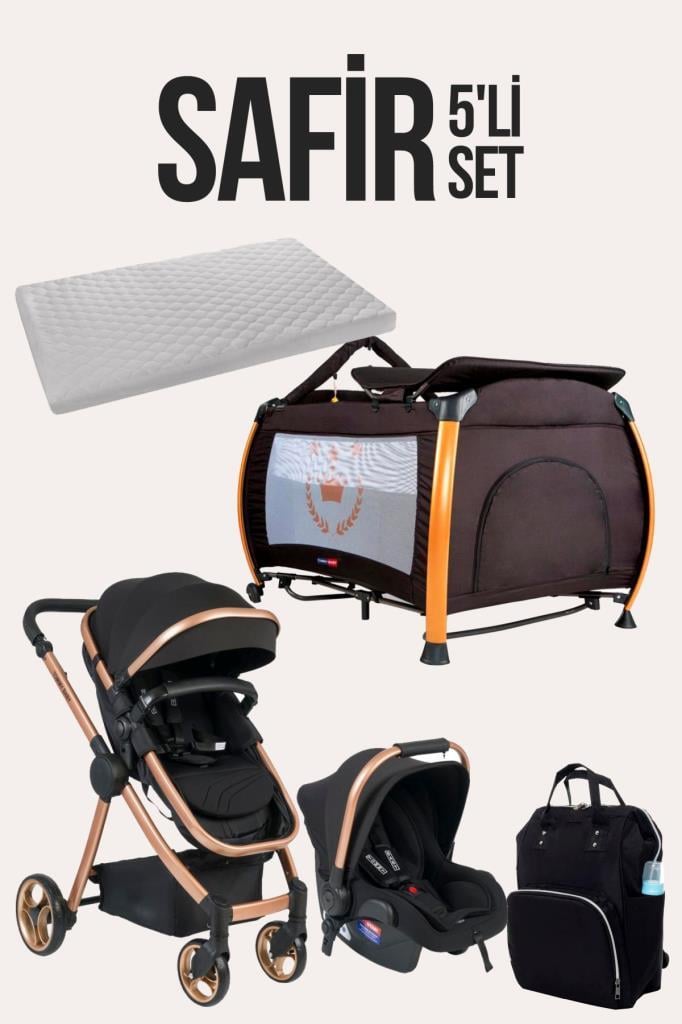 TommyBaby Safir 5'li Set Bebek Arabası Oyun Parkı Çanta Yatak SİYAH