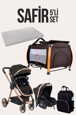 TommyBaby Safir 5'li Set Bebek Arabası Oyun Parkı Çanta Yatak SİYAH