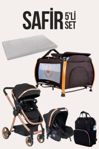 TommyBaby Safir 5'li Set Bebek Arabası Oyun Parkı Çanta Yatak SİYAH