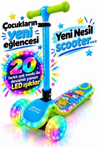 Galaxy Ride Yeni Nesil 3-9 Yaş Işıklı Çocuk Scooterı 20 LED Işık Modlu, Silikon Tekerli, 3 Kademeli, Katlanabilir