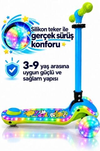 Galaxy Ride Yeni Nesil 3-9 Yaş Işıklı Çocuk Scooterı 20 LED Işık Modlu, Silikon Tekerli, 3 Kademeli, Katlanabilir GRİ