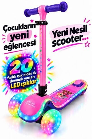 Galaxy Ride Yeni Nesil 3-9 Yaş Işıklı Çocuk Scooterı 20 LED Işık Modlu, Silikon Tekerli, 3 Kademeli, Katlanabilir