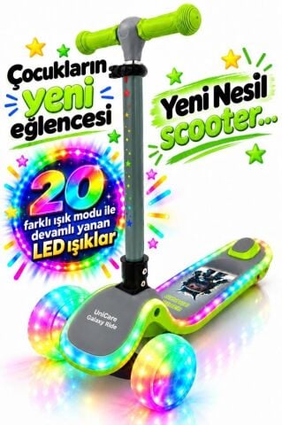 Galaxy Ride Yeni Nesil 3-9 Yaş Işıklı Çocuk Scooterı 20 LED Işık Modlu, Silikon Tekerli, 3 Kademeli, Katlanabilir