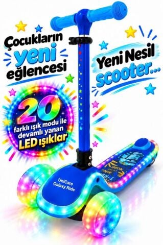Galaxy Ride Yeni Nesil 3-9 Yaş Işıklı Çocuk Scooterı 20 LED Işık Modlu, Silikon Tekerli, 3 Kademeli, Katlanabilir