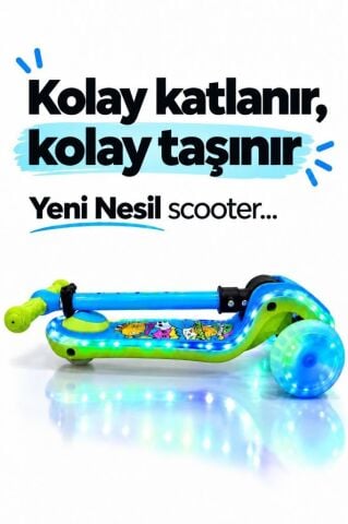 Galaxy Ride Yeni Nesil 3-9 Yaş Işıklı Çocuk Scooterı 20 LED Işık Modlu, Silikon Tekerli, 3 Kademeli, Katlanabilir MAVİ