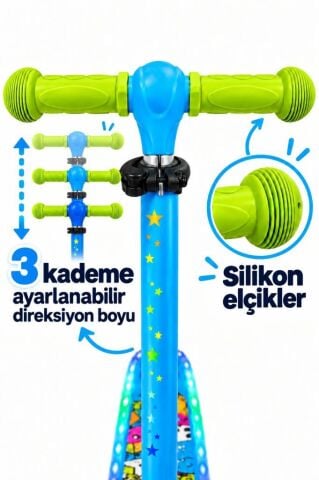 Galaxy Ride Yeni Nesil 3-9 Yaş Işıklı Çocuk Scooterı 20 LED Işık Modlu, Silikon Tekerli, 3 Kademeli, Katlanabilir MAVİ