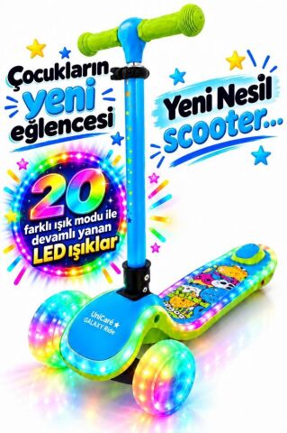 Galaxy Ride Yeni Nesil 3-9 Yaş Işıklı Çocuk Scooterı 20 LED Işık Modlu, Silikon Tekerli, 3 Kademeli, Katlanabilir MAVİ