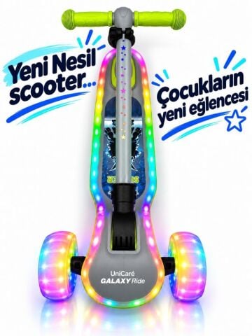 Galaxy Ride Yeni Nesil 3-9 Yaş Işıklı Çocuk Scooterı 20 LED Işık Modlu, Silikon Tekerli, 3 Kademeli, Katlanabilir GRİ