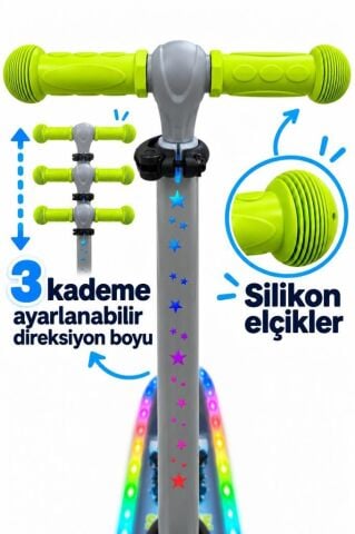 Galaxy Ride Yeni Nesil 3-9 Yaş Işıklı Çocuk Scooterı 20 LED Işık Modlu, Silikon Tekerli, 3 Kademeli, Katlanabilir GRİ