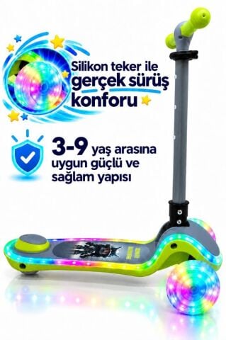 Galaxy Ride Yeni Nesil 3-9 Yaş Işıklı Çocuk Scooterı 20 LED Işık Modlu, Silikon Tekerli, 3 Kademeli, Katlanabilir GRİ