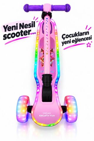 Galaxy Ride Yeni Nesil 3-9 Yaş Işıklı Çocuk Scooterı 20 LED Işık Modlu, Silikon Tekerli, 3 Kademeli, Katlanabilir PEMBE