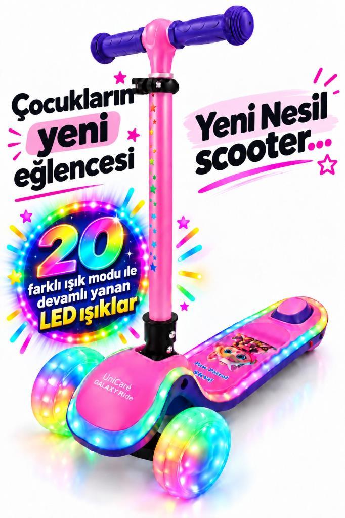 Galaxy Ride Yeni Nesil 3-9 Yaş Işıklı Çocuk Scooterı 20 LED Işık Modlu, Silikon Tekerli, 3 Kademeli, Katlanabilir PEMBE