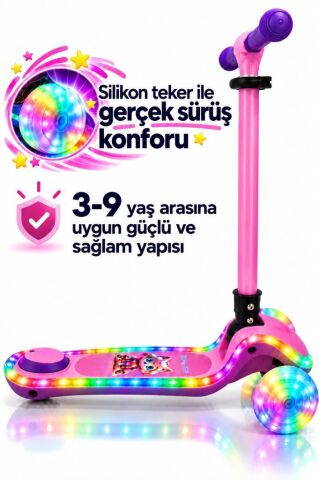 Galaxy Ride Yeni Nesil 3-9 Yaş Işıklı Çocuk Scooterı 20 LED Işık Modlu, Silikon Tekerli, 3 Kademeli, Katlanabilir PEMBE