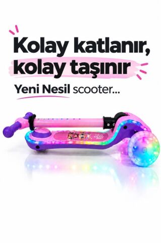 Galaxy Ride Yeni Nesil 3-9 Yaş Işıklı Çocuk Scooterı 20 LED Işık Modlu, Silikon Tekerli, 3 Kademeli, Katlanabilir PEMBE