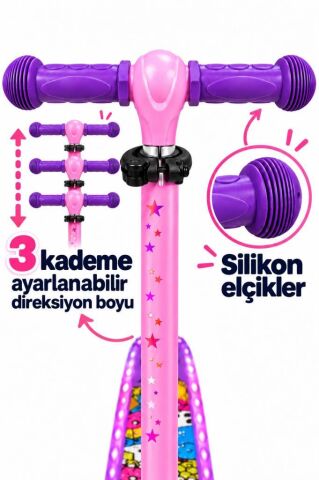 Galaxy Ride Yeni Nesil 3-9 Yaş Işıklı Çocuk Scooterı 20 LED Işık Modlu, Silikon Tekerli, 3 Kademeli, Katlanabilir PEMBE