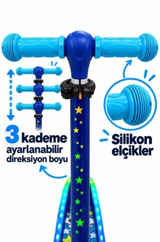 Galaxy Ride Yeni Nesil 3-9 Yaş Işıklı Çocuk Scooterı 20 LED Işık Modlu, Silikon Tekerli, 3 Kademeli, Katlanabilir LACİVERT