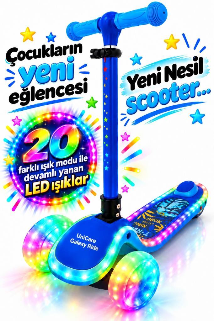 Galaxy Ride Yeni Nesil 3-9 Yaş Işıklı Çocuk Scooterı 20 LED Işık Modlu, Silikon Tekerli, 3 Kademeli, Katlanabilir LACİVERT