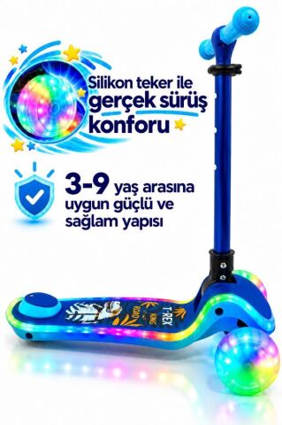 Galaxy Ride Yeni Nesil 3-9 Yaş Işıklı Çocuk Scooterı 20 LED Işık Modlu, Silikon Tekerli, 3 Kademeli, Katlanabilir LACİVERT
