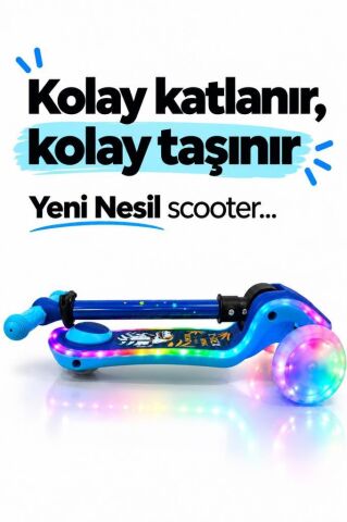 Galaxy Ride Yeni Nesil 3-9 Yaş Işıklı Çocuk Scooterı 20 LED Işık Modlu, Silikon Tekerli, 3 Kademeli, Katlanabilir LACİVERT