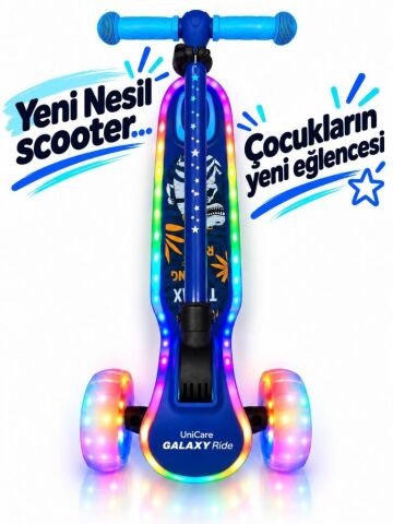 Galaxy Ride Yeni Nesil 3-9 Yaş Işıklı Çocuk Scooterı 20 LED Işık Modlu, Silikon Tekerli, 3 Kademeli, Katlanabilir LACİVERT