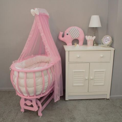 TommyBaby Sepet Beşik Ahşap Beşik Uyku Setli Doğal Ahşap Beşik bambu00 PEMBE