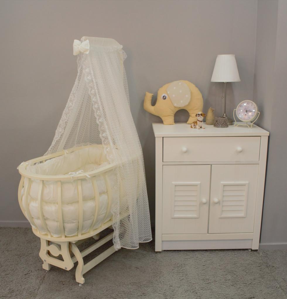 TommyBaby Sepet Beşik Ahşap Beşik Uyku Setli Doğal Ahşap Beşik bambu00 KREM