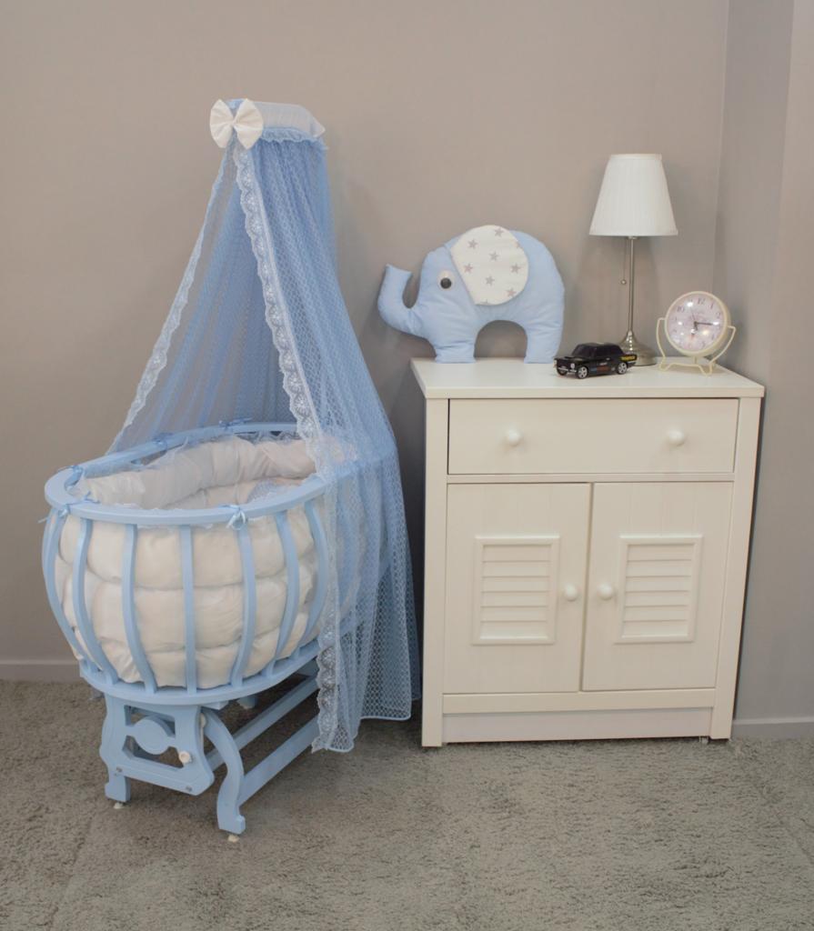 TommyBaby Sepet Beşik Ahşap Beşik Uyku Setli Doğal Ahşap Beşik bambu00 MAVİ