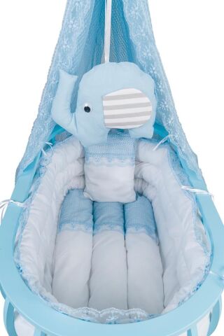 TommyBaby Sepet Beşik Ahşap Beşik Uyku Setli Doğal Ahşap Beşik bambu00 MAVİ