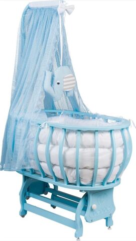 TommyBaby Sepet Beşik Ahşap Beşik Uyku Setli Doğal Ahşap Beşik bambu00 MAVİ