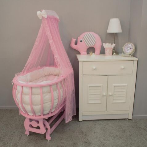 TommyBaby Sepet Beşik Ahşap Beşik Uyku Setli Doğal Ahşap Beşik bambu00 PEMBE