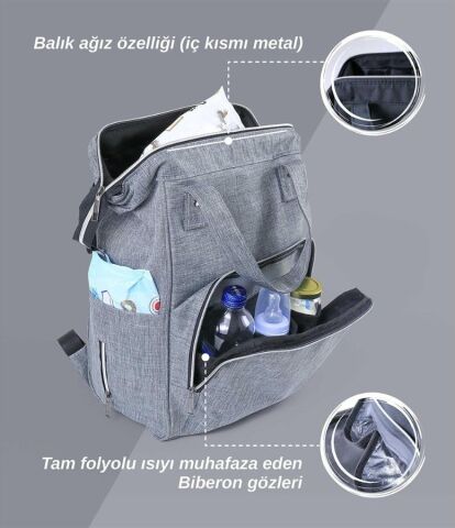 Tommybaby Anne Bebek Bakım Sırt Çantası Biberon Termoslu Sıvı Geçirmez Bebek Çantası GRİ