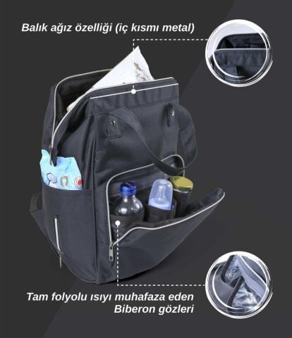 Tommybaby Anne Bebek Bakım Sırt Çantası Biberon Termoslu Sıvı Geçirmez Bebek Çantası SİYAH