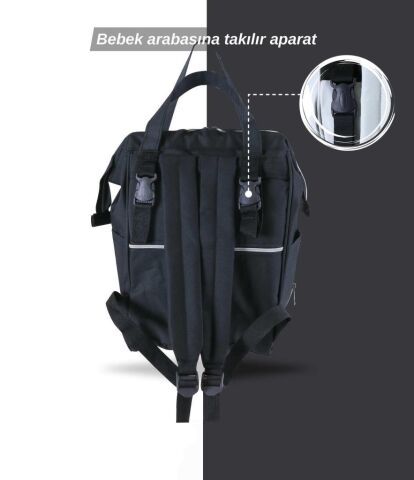 Tommybaby Anne Bebek Bakım Sırt Çantası Biberon Termoslu Sıvı Geçirmez Bebek Çantası SİYAH
