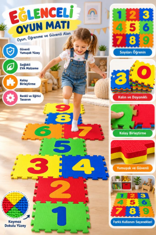 9 Parça Büyük Boy Figurlü Eva Oyun Matı Puzzle Yapboz 33x33/ 7mm